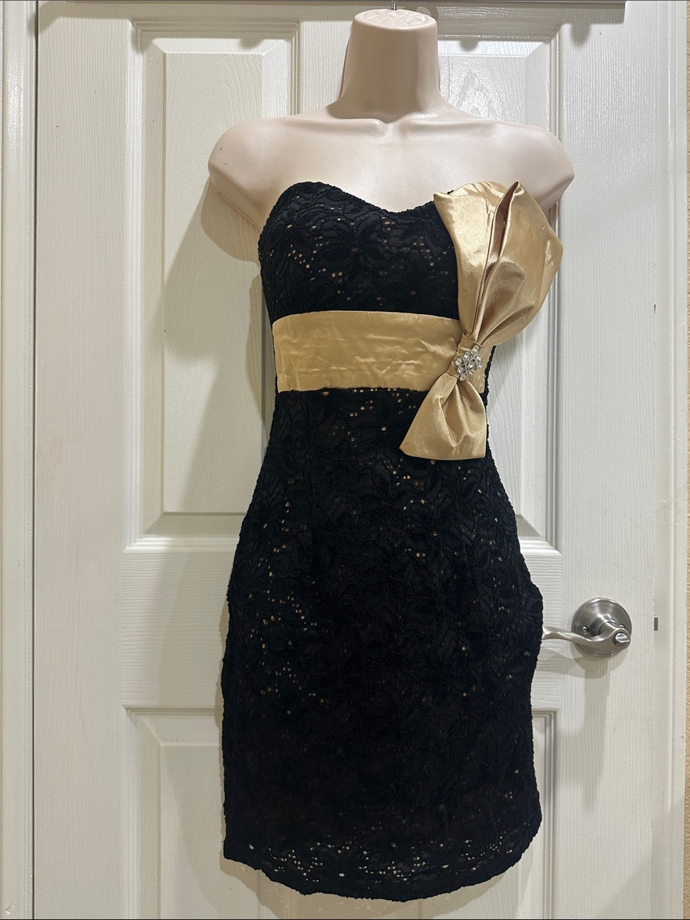 Mystic Black Lace Strapless Dress with Gold Sash